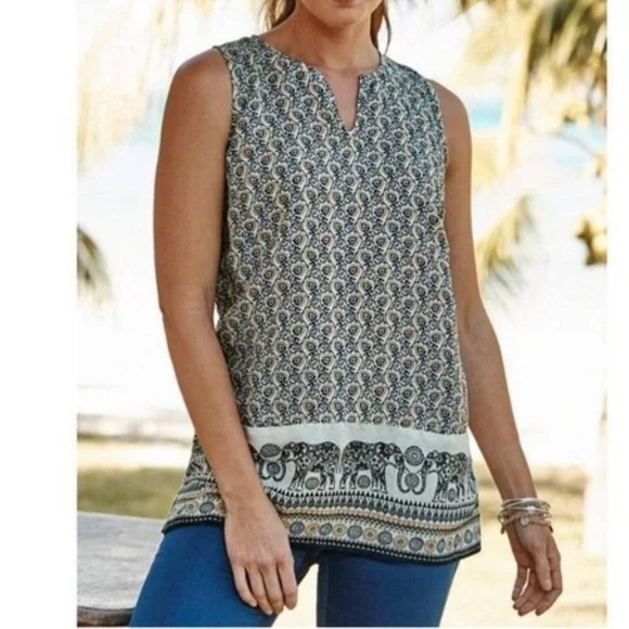 J. Jill Linen Love Linen Elephant Floral Sleeveless Tunic Top White Blue‎ Small - Picture 1 of 12